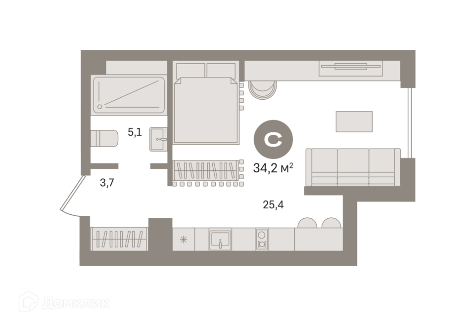 Продаётся студия, 34.21 м²