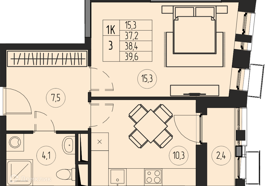 Продаётся 1-комнатная квартира, 38.4 м²