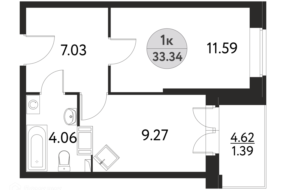 Продаётся 1-комнатная квартира, 33.34 м²