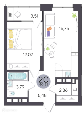 Продаётся 2-комнатная квартира, 40.95 м²