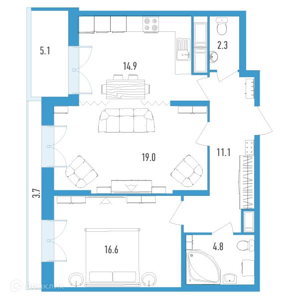 Продаётся 2-комнатная квартира, 72.7 м²