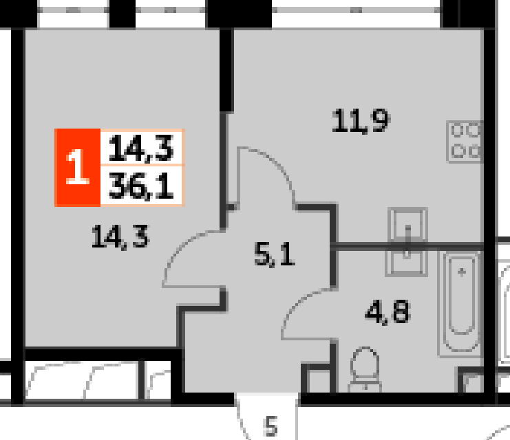 Продаётся 1-комнатная квартира, 36.1 м²