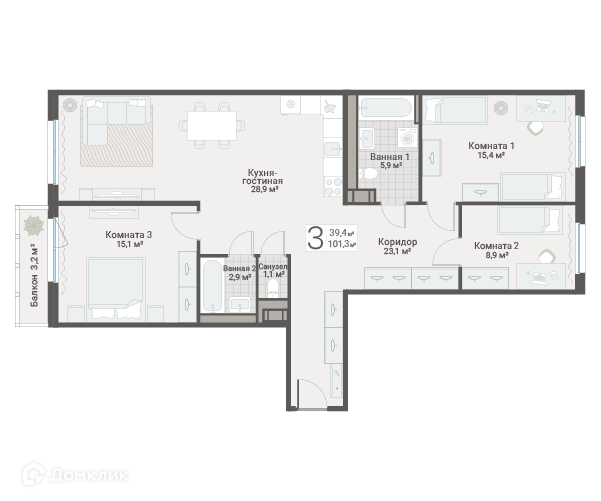 Продаётся 3-комнатная квартира, 101.3 м²