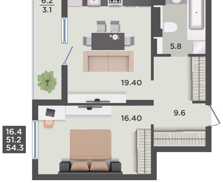 Продаётся 1-комнатная квартира, 54.3 м²