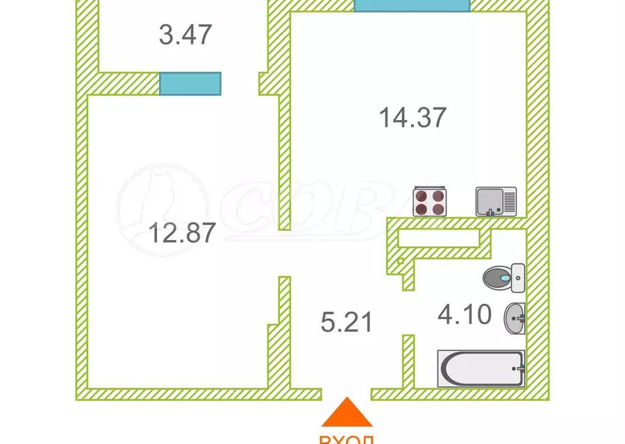 Продаётся 1-комнатная квартира, 38 м²