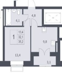 Продаётся 1-комнатная квартира, 32 м²