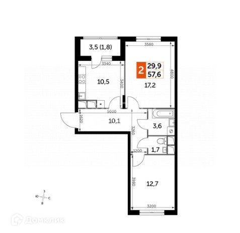 Продаётся 2-комнатная квартира, 57.6 м²