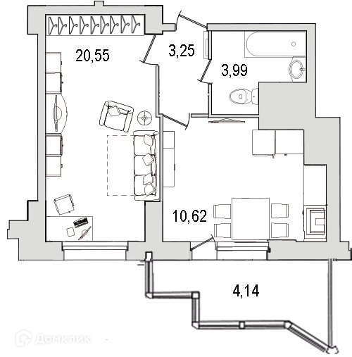 Продаётся 1-комнатная квартира, 42.4 м²