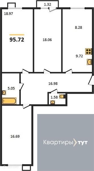 Продаётся 3-комнатная квартира, 95.72 м²