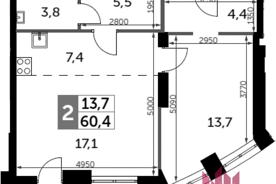 Продаётся 2-комнатная квартира, 60.4 м²