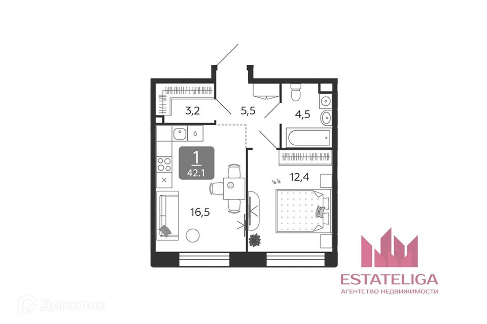 Продаётся 1-комнатная квартира, 42 м²