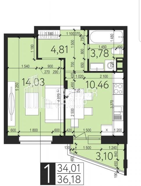 Продаётся 1-комнатная квартира, 36.18 м²