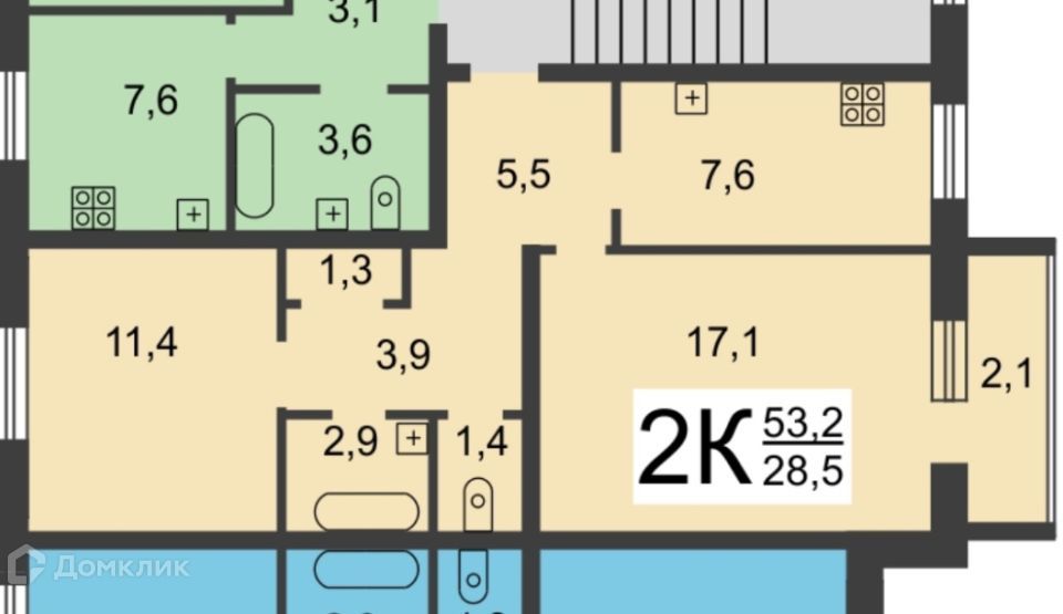 Продаётся 2-комнатная квартира, 50.9 м²