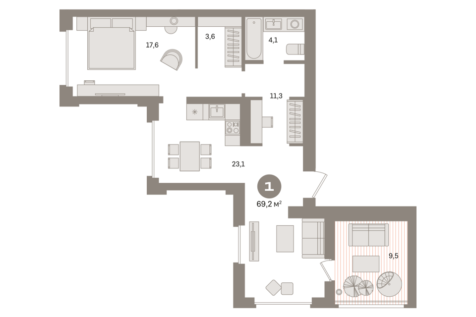 Продаётся 1-комнатная квартира, 69.2 м²