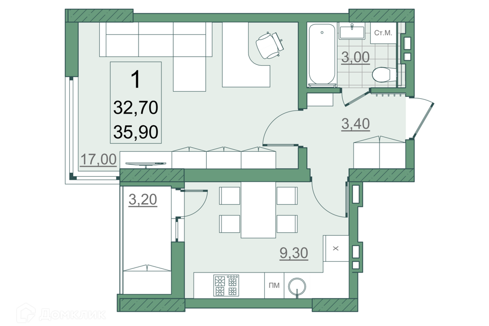 Продаётся 1-комнатная квартира, 32.7 м²