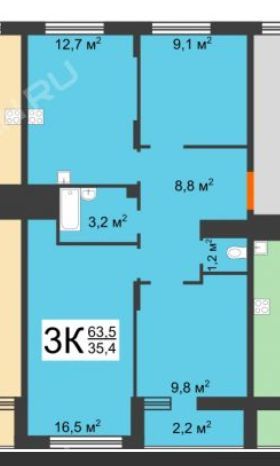 Продаётся 3-комнатная квартира, 60.7 м²