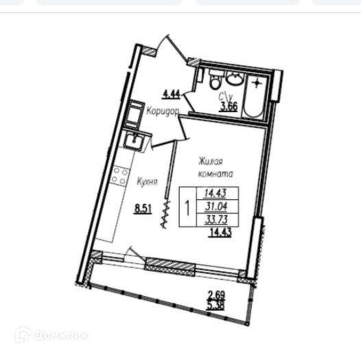 Продаётся 1-комнатная квартира, 36.42 м²