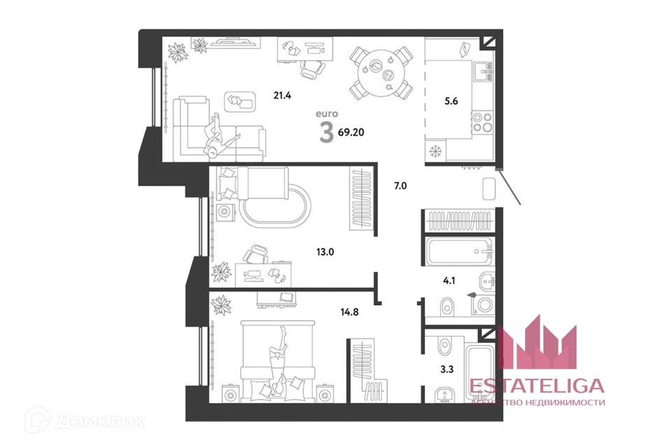 Продаётся 2-комнатная квартира, 69.2 м²