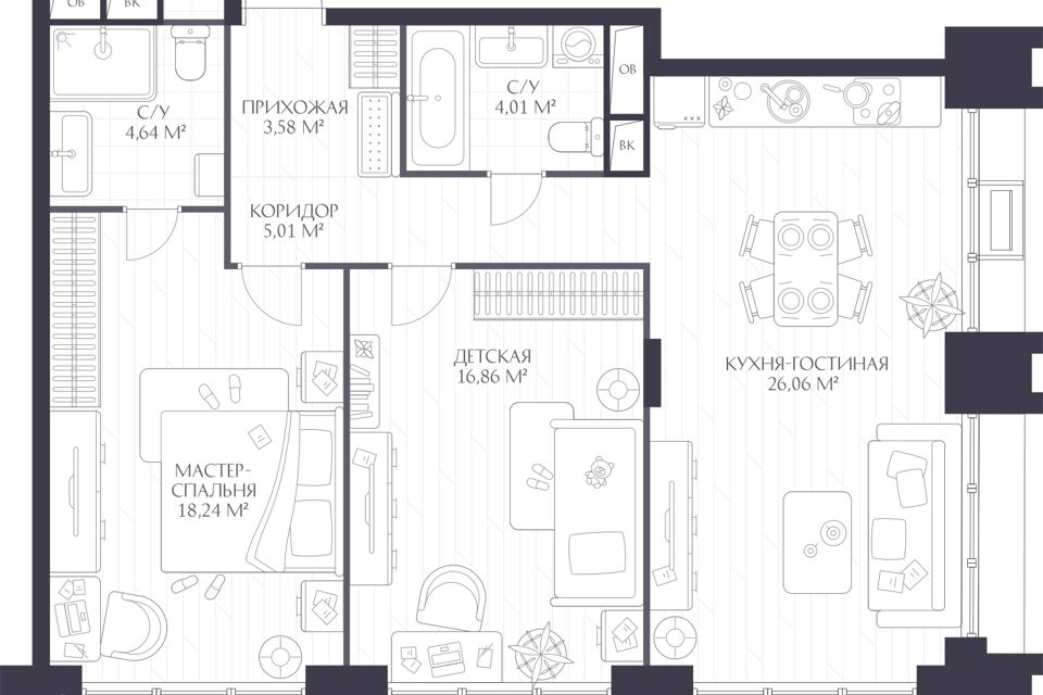 Продаётся 2-комнатная квартира, 78.33 м²