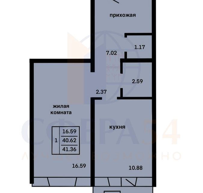 Продаётся 1-комнатная квартира, 41.36 м²