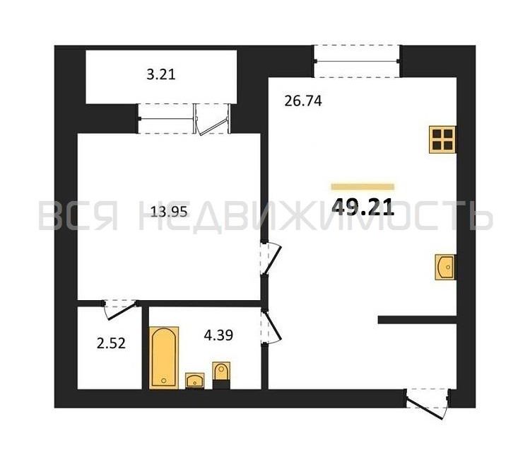 Продаётся 1-комнатная квартира, 47.7 м²