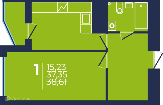 Продаётся 1-комнатная квартира, 38.3 м²