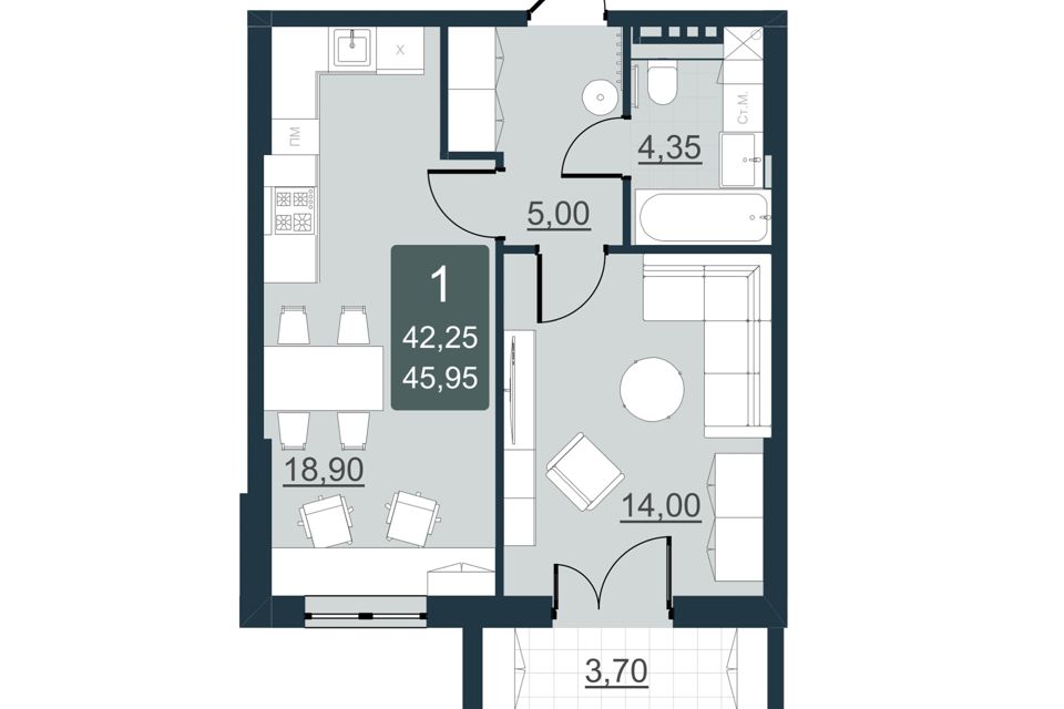 Продаётся 1-комнатная квартира, 42.25 м²