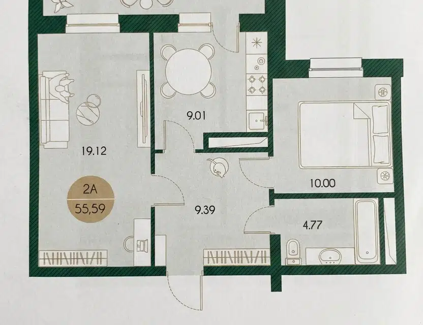 Продаётся 2-комнатная квартира, 55.59 м²