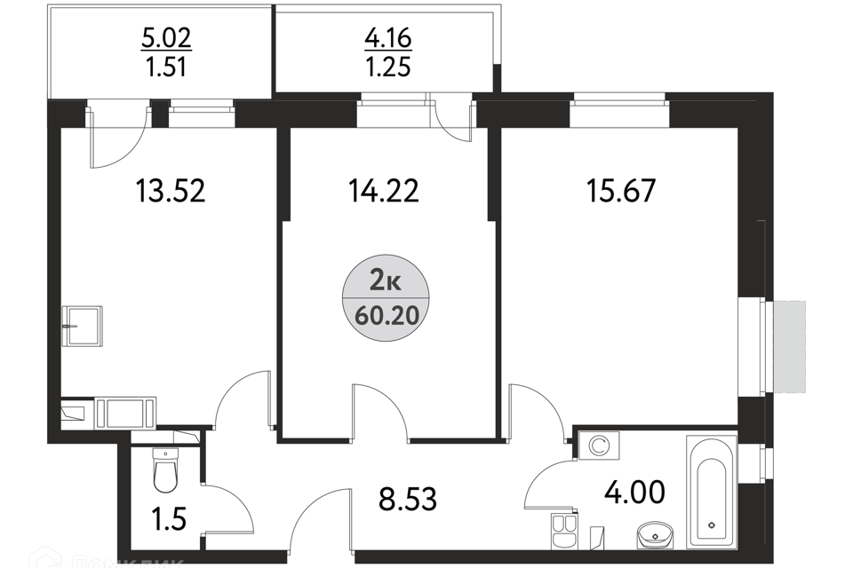 Продаётся 2-комнатная квартира, 62.2 м²