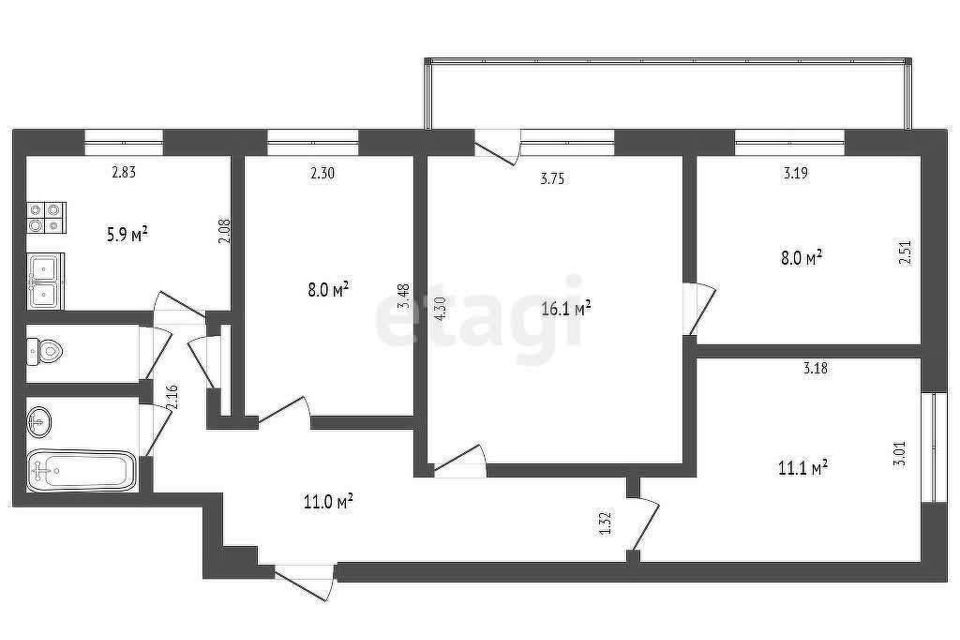 Продаётся 4-комнатная квартира, 65.4 м²