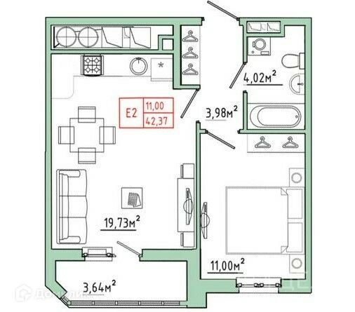 Продаётся 2-комнатная квартира, 42.37 м²