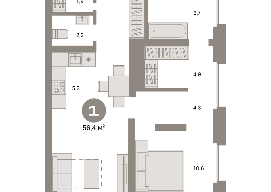 Продаётся 1-комнатная квартира, 56.4 м²