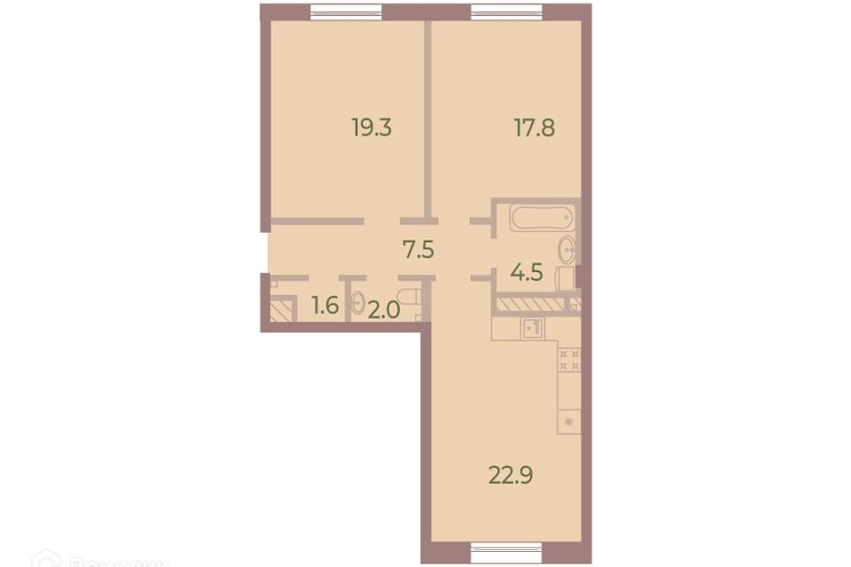 Продаётся 2-комнатная квартира, 75.1 м²