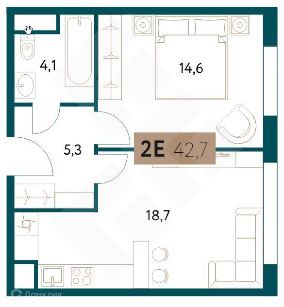 Продаётся 1-комнатная квартира, 43 м²