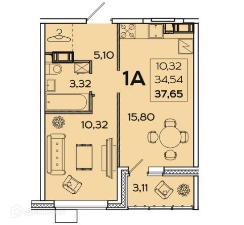 Продаётся 1-комнатная квартира, 36.37 м²