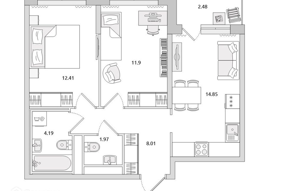 Продаётся 2-комнатная квартира, 53.33 м²