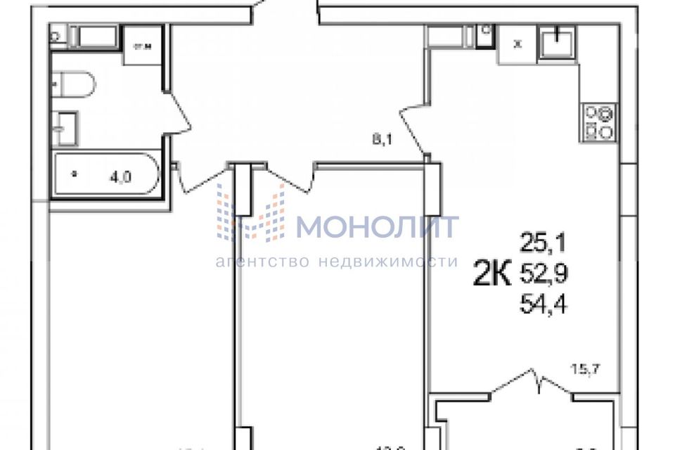 Продаётся 1-комнатная квартира, 54.4 м²