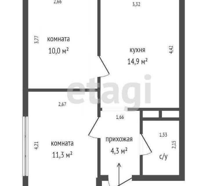 Продаётся 2-комнатная квартира, 45.3 м²