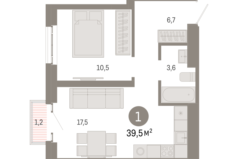 Продаётся 1-комнатная квартира, 39.5 м²