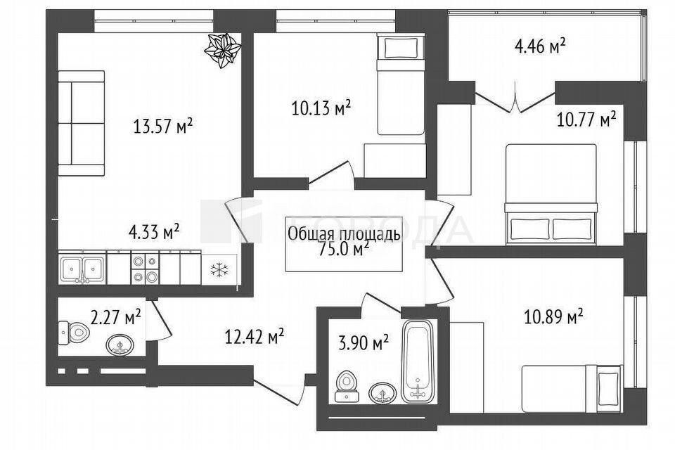Продаётся 3-комнатная квартира, 75 м²