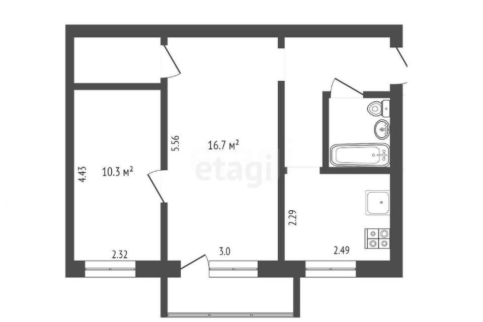 Продаётся 2-комнатная квартира, 42.8 м²