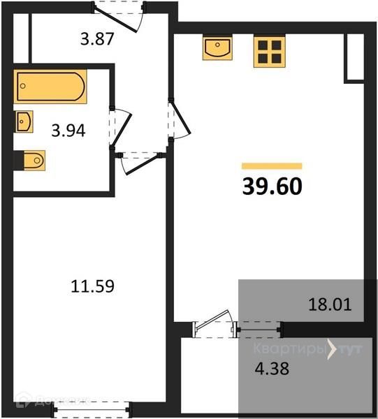 Продаётся 1-комнатная квартира, 39.6 м²