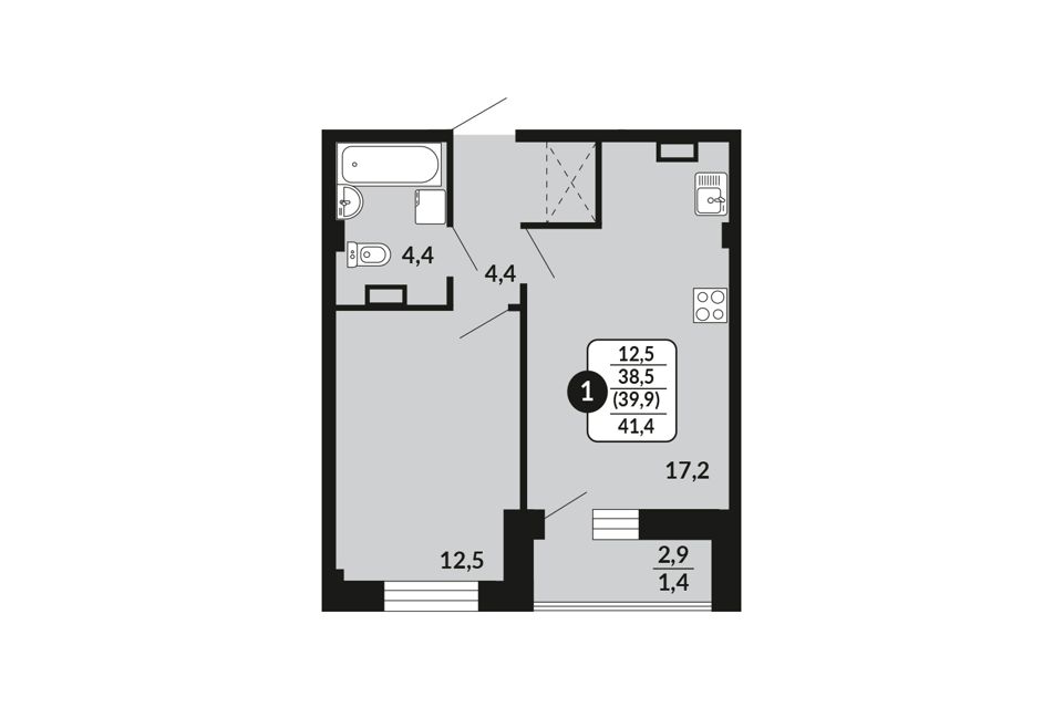 Продаётся 1-комнатная квартира, 39.9 м²