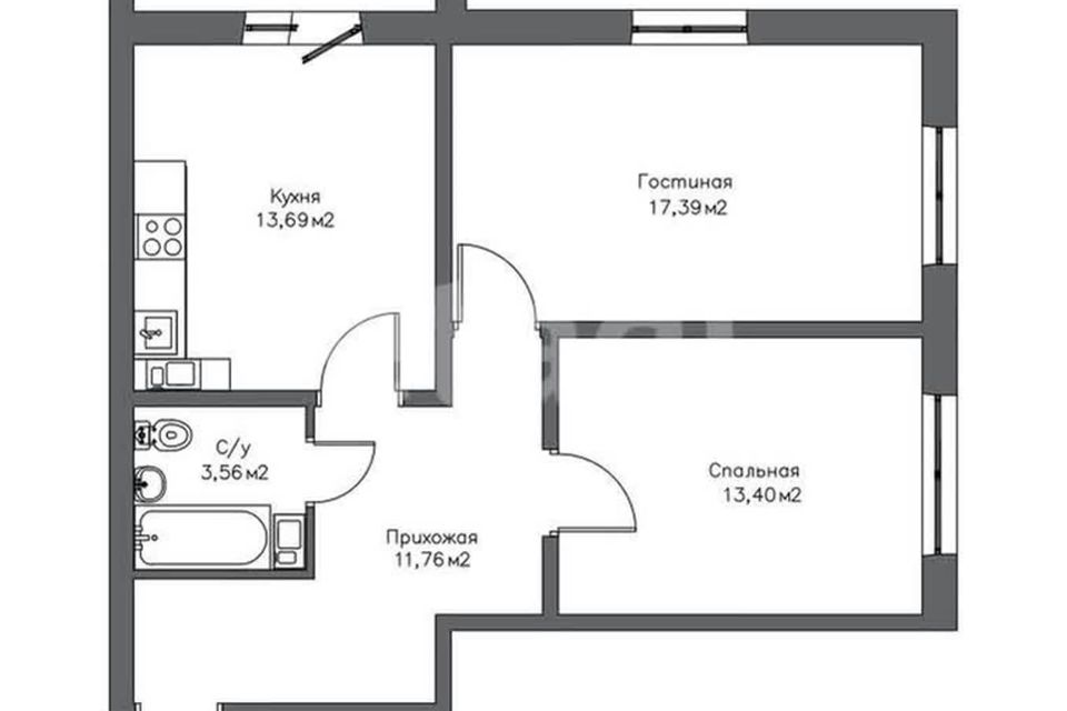Продаётся 2-комнатная квартира, 61.62 м²