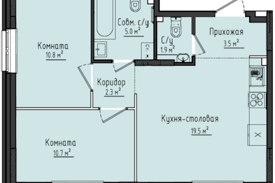 Продаётся 2-комнатная квартира, 53.7 м²