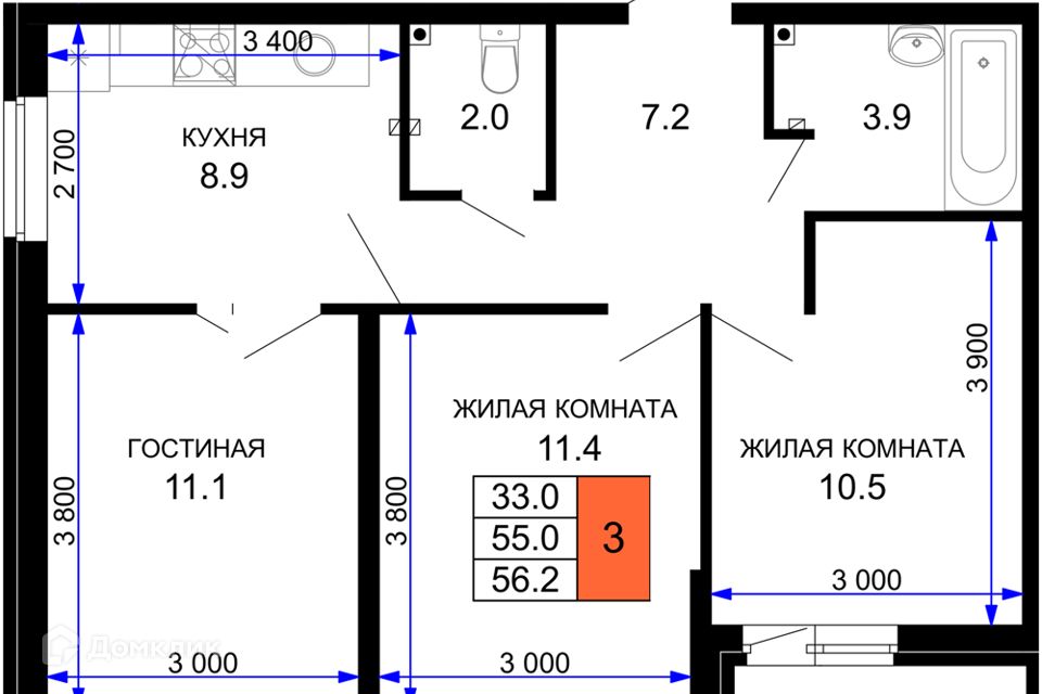 Продаётся 3-комнатная квартира, 55.2 м²