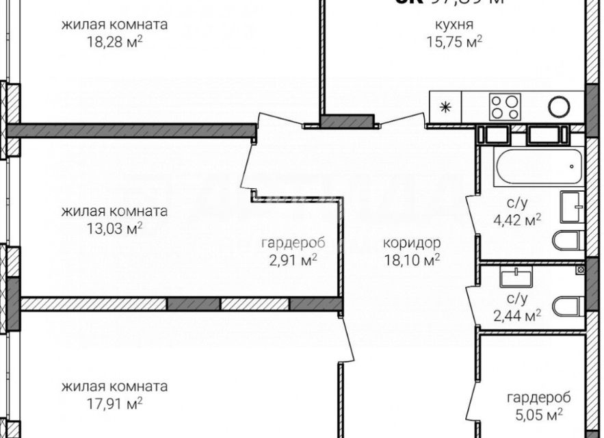 Продаётся 3-комнатная квартира, 98 м²