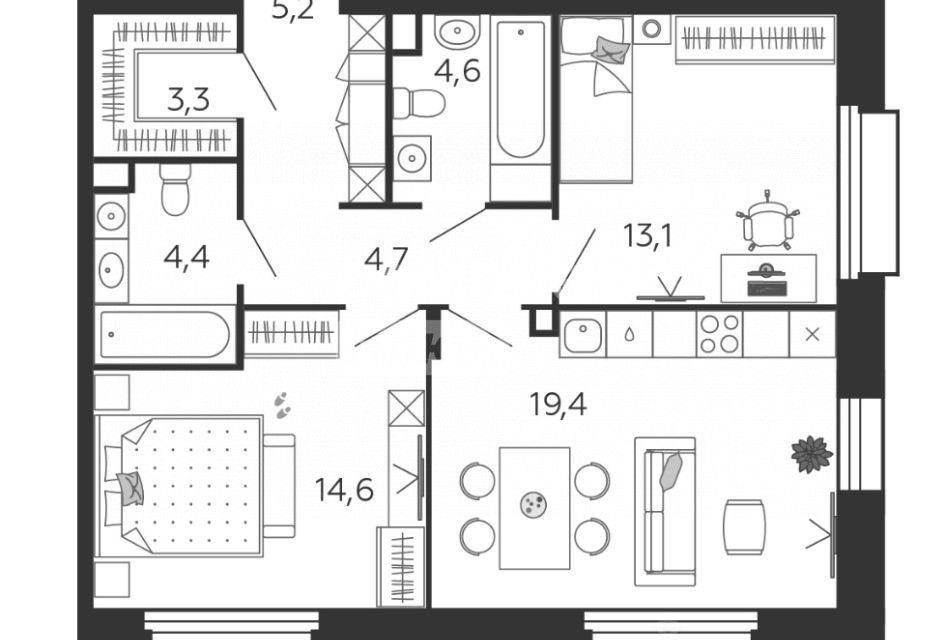 Продаётся 2-комнатная квартира, 69.2 м²