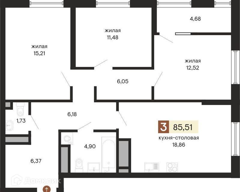 Продаётся 3-комнатная квартира, 85.5 м²