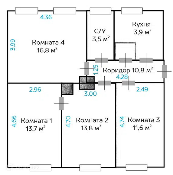 Продаётся 4-комнатная квартира, 75.2 м²